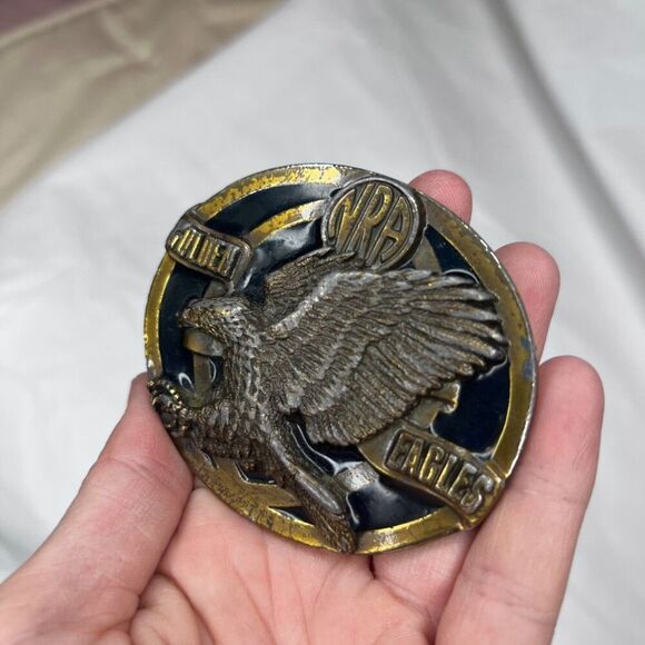 NRA Golden Eagles VTG Belt Buckle Brass USA Made Hunter National Rifle Assn - Picture 3 of 7